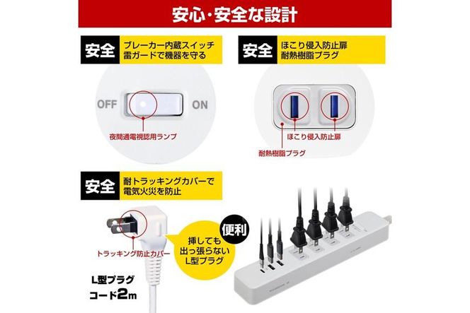 電源タップ　耐雷サージ　PD20W　USBポート付き（Type-A・Type-C）コンセント4個口　2ｍ　WLS-4322SUC(W)　 272183_AZ158