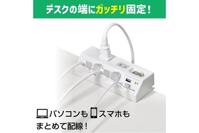 電源タップ　耐雷サージ　USBポート付き　スイッチ付き　卓上　USB×2ポート　4個口2ｍ　WLS-DS4232SUA(W) 272183_AZ159