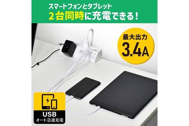 電源タップ　耐雷サージ　USBポート付き　スイッチ付き　卓上　USB×2ポート　4個口2ｍ　WLS-DS4232SUA(W) 272183_AZ159