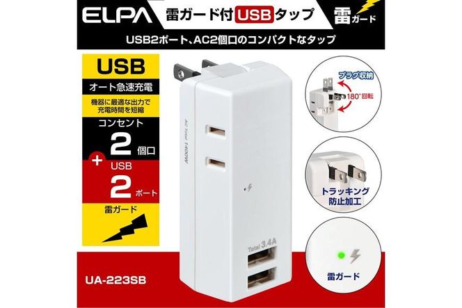 電源タップ　耐雷サージ　USBポート付き　USB×2ポート　2個口　3.4A　UA-223SB　 272183_AZ85