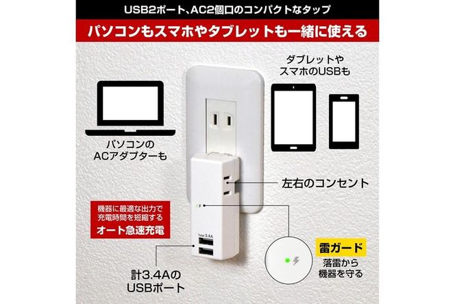 電源タップ　耐雷サージ　USBポート付き　USB×2ポート　2個口　3.4A　UA-223SB　 272183_AZ85