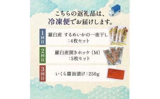 3か月連続定期便 羅臼産厳選 海産物 定期便 ホッケ ほっけ 干物 魚 イカ いか おつまみ いくら イクラ 秋鮭 ご飯のお供 北海道 羅臼町 016942_AE102