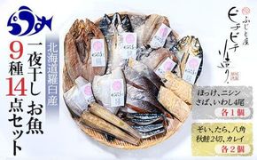 一夜干し お魚9種14点セット  ほっけ開き そい 鱈 秋鮭 さば いわし カレイ ハッカク ニシン 北海道 知床 羅臼町 生産者 支援 応援 016942_BQ014