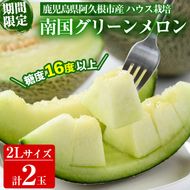 ＜先行予約受付中！2026年6月中旬以降順次発送予定＞数量限定！鹿児島県産南国グリーンメロン(2Lサイズ×2個) メロン フルーツ 果物 鹿児島 国産 青肉 ハウス ハウス栽培 期間限定 2L【東新グリーンファーム合同会社】akn062-08