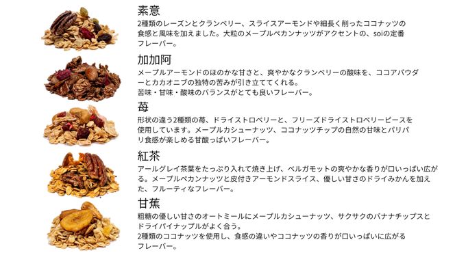 soi グラノーラ １０個 Aセット（素意・加加阿・苺・紅茶・甘蕉 / ５０ｇ 各種２個） 232238_PP111-PR