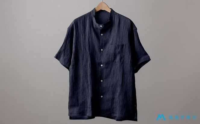 【YAMASHIRO】藤巻百貨店別注 スタンドカラーシャツ（麻100％ 京ちぢみ・ネイビー） 261009_A-RB002