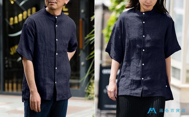 【YAMASHIRO】藤巻百貨店別注 スタンドカラーシャツ（麻100％ 京ちぢみ・ネイビー） 261009_A-RB002