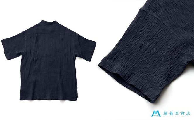 【YAMASHIRO】藤巻百貨店別注 スタンドカラーシャツ（麻100％ 京ちぢみ・ネイビー） 261009_A-RB002