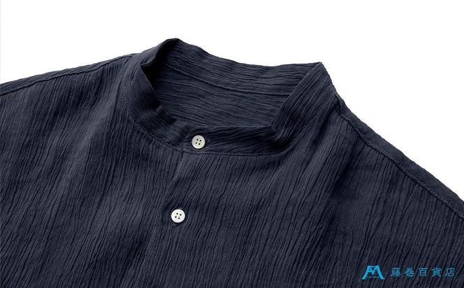 【YAMASHIRO】藤巻百貨店別注 スタンドカラーシャツ（麻100％ 京ちぢみ・ネイビー） 261009_A-RB002
