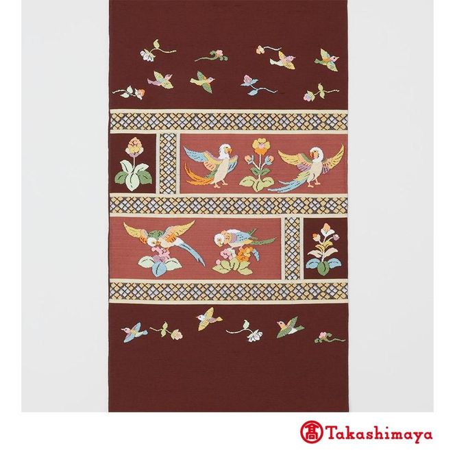 【龍村美術織物】龍村錦帯 袋帯 木画インコ エンジ【高島屋選定品】 261009_A-RG042