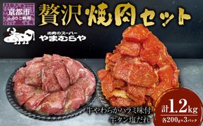 【やまむらや】贅沢焼肉セット 牛やわらかハラミ味付600g(200g×3パック)＆牛タン塩だれ600g(200g×3パック)計1.2kg ［ 京都 焼肉 BBQ ステーキ 有名店 ハラミ 牛タン セット 人気 おすすめ 肉 お肉 味付け お取り寄せ 通販 送料無料 ギフト ふるさと納税 ］ 261009_A-WN004