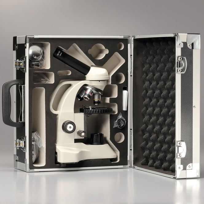 【ふるさと納税】【総合倍率40倍～640倍】メイジテクノ 教育・実習用生物顕微鏡 専用アルミケース付 (スライドガラス・カバーガラス各100枚付)  教育 小学生 中学生 高校生 プレパラート 理科 理科室 FAA-201