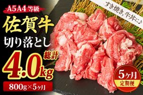 【5回定期便】佐賀牛 贅沢 切り落とし 800g（合計4kg）【すき焼き 牛丼 A5 A4 希少 国産和牛 牛肉 肉 牛】(H085186)