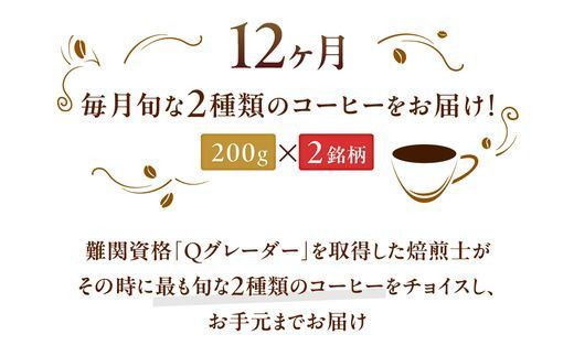 【コーヒー豆定期便】珈琲豆 200g×2銘柄 12ヶ月（豆のまま） 272230_BD014