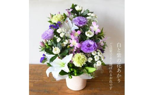 フラワーアレンジメント 花あかり　白ムラサキ【フラワー　アレンジメント　お供え 花 フラワー アレンジメント 供花 命日 法事　ふんわりと優しく品のよい花 大阪府 門真市 】 272230_BG001VC01