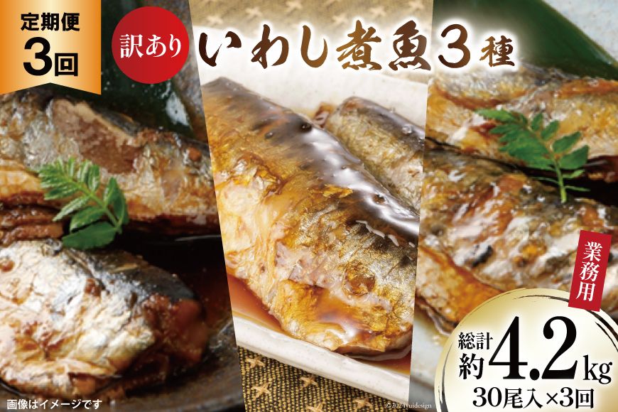 定期便 [3ヶ月連続お届け] 訳あり 業務用 いわし煮魚 (3種×10尾 計30尾入 約1.4kg)×3回 総重量約4.2kg [カネダイ 宮城県 気仙沼市 20563280] いわし 生姜煮 梅肉煮 みぞれ煮