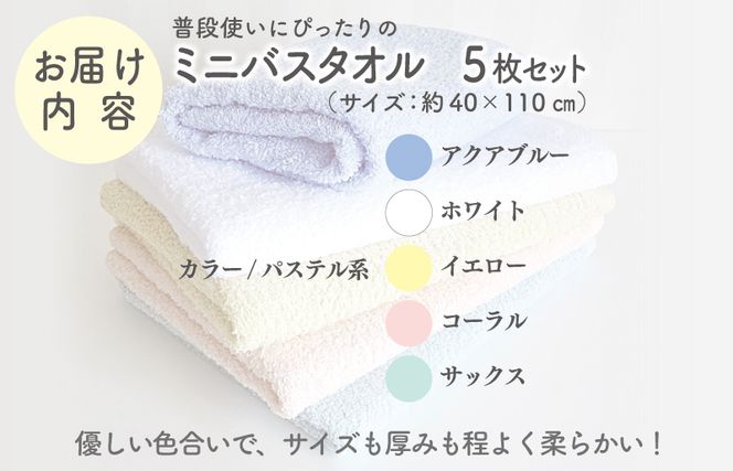 knt0045 泉州タオル「普段使いにぴったりのミニバスタオル」５枚セット（パステル系）【泉州タオル 国産 吸水 普段使い 無地 シンプル 日用品 家族 ファミリー】