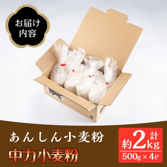 isa479《毎月数量限定》あんしん小麦粉・中力粉(約500g×4袋・計約2kg）【しげふみファーム】
