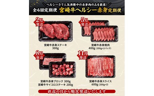 【全4回】宮崎牛　ヘルシー赤身定期便【 肉 牛肉 国産 黒毛和牛 宮崎牛 全4回 焼肉 しゃぶしゃぶ 焼きしゃぶ BBQ 宮崎県 川南町 】 [C11402t4]