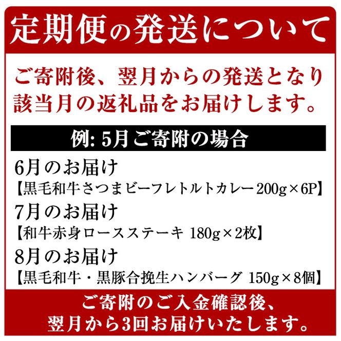 a838 ≪数量限定・定期便全3回≫黒豚・和牛の総菜定期便！計2.7kg超！和牛赤身ロースステーキ(180g×2枚)・黒毛和牛＆黒豚の合挽生ハンバーグ(150g×8個)・黒毛和牛さつまビーフレトルトカレー(200g×6P)【水迫畜産】姶良市 国産 牛肉 豚肉 肉定期便