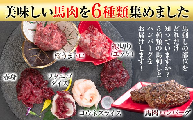 馬刺し復興福袋6種セット 馬肉 冷凍 株式会社千興ファーム《60日以内に出荷予定(土日祝除く)》 新鮮 赤身 ユッケ コウネ フタエゴ 馬肉ハンバーグ 桜うまトロ 馬刺しのタレ付き 送料無料 馬刺しユッケ 馬刺 国産 熊本 真空パック 食べ比べ---sn_ffkoub_60d_r7_13000_6set---