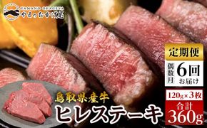 22-3.【6回定期便】鳥取県産牛ヒレステーキ ３枚 計360g×6回 313726_AJ118