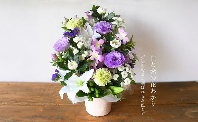 フラワーアレンジメント 花あかり　白ムラサキ【フラワー　アレンジメント　お供え 花 フラワー アレンジメント 供花 命日 法事　ふんわりと優しく品のよい花 大阪府 門真市 】 272230_BG001VC01