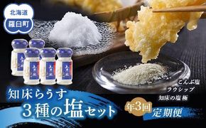 年3回！北海道 知床らうす 3種の塩セット（定期便） 昆布 羅臼昆布 ラウシップ 海洋深層水 北海道 らうすブランド こんぶ まろやか 旨み うまみ 天ぷら 万能 生産者 支援 応 016942_AK031