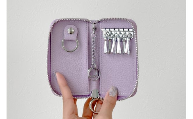 【スマートキー対応 カードが入る本革6連キーケース】＜パープル＞ おしゃれ　可愛い　コンパクト　スリム　猫　レザー 232238_CM029VC04