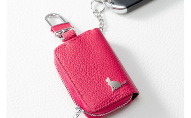 【本革スマートキーケース】＜ピンク＞ ねこ おしゃれ 可愛い コンパクト スリム 猫 レザー 窓つき 収納 232238_CM030VC03