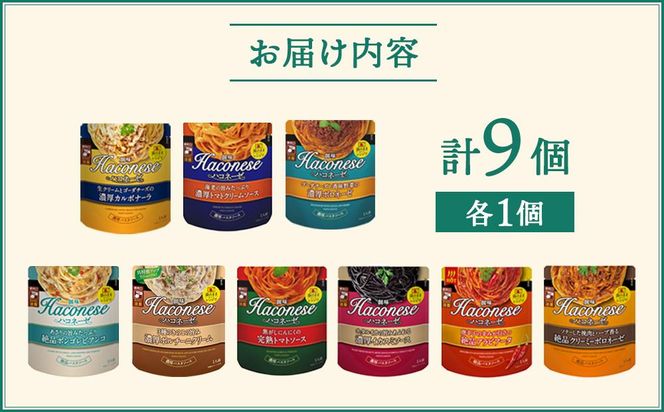 【創味】ハコネーゼ全9種 9個セット ［ 京都 創味 プロ仕様 レトルト パスタソース 全9種はレア 簡単 時短 おいしい 人気 おすすめ グルメ 洋食 イタリアン レトルト パスタソース 調味料 長期保存 備蓄 お取り寄せ 通販 送料無料 ふるさと納税 ］ 261009_A-TA016