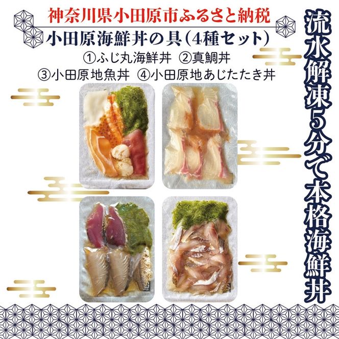 【曽我の梅干し、小田原地あじ、小田原港直送地魚丼】小田原海鮮丼の具（4種セット）【ふじ丸海鮮丼 小田原地魚丼 小田原地あじたたき丼 国産活〆真鯛入り酒仕込み 流水解凍５分で海鮮丼 海鮮丼セット 神奈川県 小田原市 】 142069_DX001