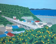 原画「石橋からの景色」【キャンパス原画 キャンパス 小田原 石橋　風景 みかん 山 相模湾 新幹線 803x1000x20mm 絵画 風景絵画 アート作品 屋内装飾 神奈川県 小田原市 】 142069_FH003
