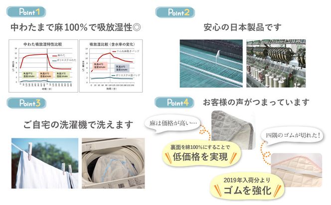 【グレー】麻わた入りフレンチリネン麻敷きパッド　りんね　シングルサイズ　100×200cm 141305_LM11VC03