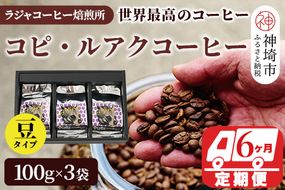 ジャコウネコ珈琲　コピ・ルアク 100g×3袋 合計300g【6回定期便】【最高級 幻のコーヒー】(H070108)