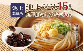 池上製麺所うどん15食 黒川のしょうゆ豆5袋・鎌田だし醤油200ml×2本付 372013_DQ009