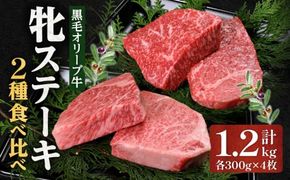 ステーキハウス一牛 黒毛オリーブ牛牝ステーキ用300g×4枚 2種類の部位食べ比べ 372013_FX002