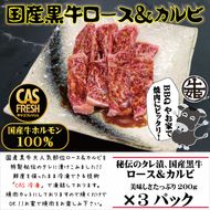 158-1002-024　＜焼くだけ簡単！＞国産黒牛ロース＆カルビ600gタレ漬け（200ｇ×3パック）［鮮度を保つCAS冷凍］【 冷凍 焼肉 BBQ 大阪府 門真市 】