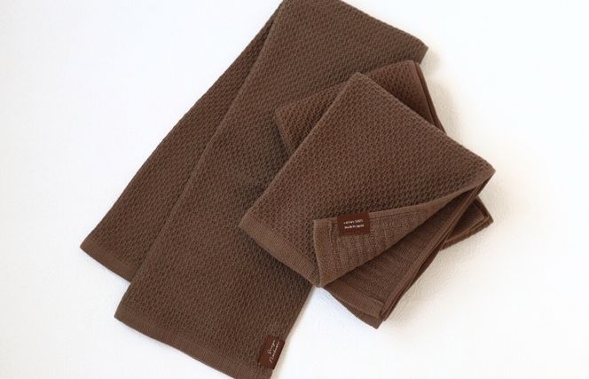 G1906 【ソフトハニカム】泉州南部織 フェイスタオル3枚セット（ブラウン）+ソフトハニカム織ハーフハンカチ1枚