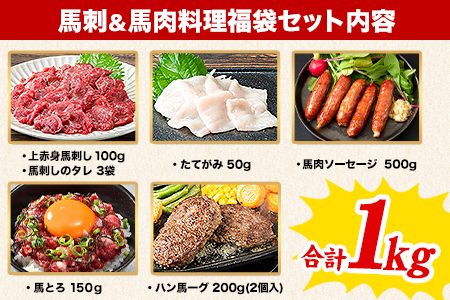 純国産馬刺し＆馬肉料理福袋 計1kg 熊本肥育 2年連続農林水産大臣賞受賞 送料無料 上赤身馬刺し100g たてがみ50g 馬とろ150g 馬ソーセージ500g 燻製 霜降り ハン馬ーグ200g(2個入り) タレ付き 熊本県長洲町《90日以内に出荷予定（土日祝除く）》---ng_fba5syu_90d_r7_13000_1kg---