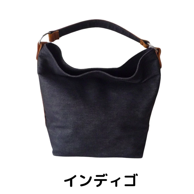 デニム×キャメル革ワンショルダーバッグ