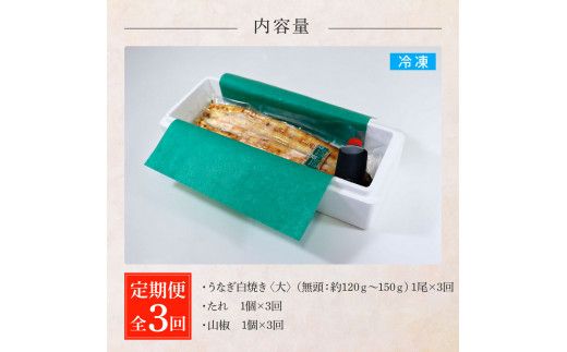田野町産うなぎの白焼き(大) 1尾×3回 定期便 3ヶ月 定期コース 1尾あたり120～150g タレ付き 山椒付き うなぎ 鰻 ウナギ 白焼 無頭 おいしい 国産 個包装 お取り寄せ 冷凍 配送
