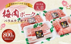 （飼育期間中）完全無薬！梅肉エキス肥育 天草梅肉ポークバラエティギフト 800g 3種類 ミンチ バラしゃぶ モモしゃぶ 肉 お肉 豚肉 豚 バラ肉 モモ肉 挽き肉 ひき肉 小分け セット 冷凍 熊本県 上天草市