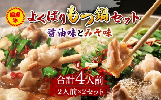 国産牛 よくばりもつ鍋 セット 醤油味2人前&みそ味2人前(計4人前)〆はマルゴめん 福岡県産の米粉麺[築上町][株式会社マル五][ABCJ035]