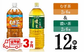 【3ヶ月定期便】 伊藤園 むぎ茶（2L）＆濃い茶（2L）(PET）12本 【 飲料類 麦茶 お茶 濃い茶 緑茶 PET セット 詰め合わせ 飲みもの 全3回 】 [D07369t3]