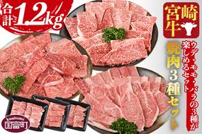 ＜宮崎牛 焼肉 3種セット（ウデ・モモ・バラ）合計1.2kg＞1か月以内に順次出荷【a0379_my_x3】