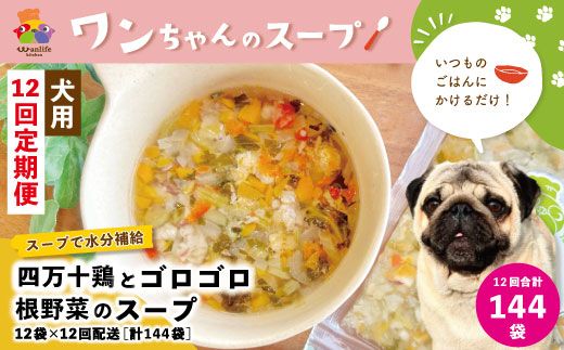 23-435．【12回定期便】いつものごはんにかけるだけ！四万十鶏とゴロゴロ根野菜のスープ 12袋セット×12回配送（合計144袋）【ペットフード】