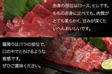 熊本が誇る特産品！ 馬刺し3種盛り合わせ(霜降り・たてがみ・赤身) 計450g 《90日以内に出荷予定(土日祝除く)》とろける食感と甘みを食べ比べ♪ 専用醤油付き 刺身 肉のみやべ 熊本県御船町---mifune_myb_7_450g---