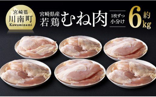 鶏肉 宮崎県産若鶏　むね肉約6kg（1枚ずつ小分け） 肉 鶏 鶏肉 [C07802]