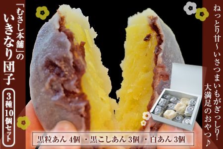 むさし本舗のいきなり団子 10個入り(黒粒4個、黒こし3個、白あん3個) 熊本県長洲町 《60日以内に出荷予定(土日祝除く)》---sn_fmusasidango_60d_r7_7500_10p---